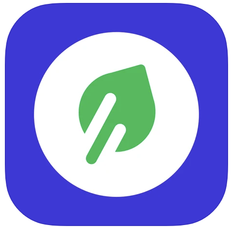 FlashFood App Logo with an indigo square, white circle in the middle with a green leaf