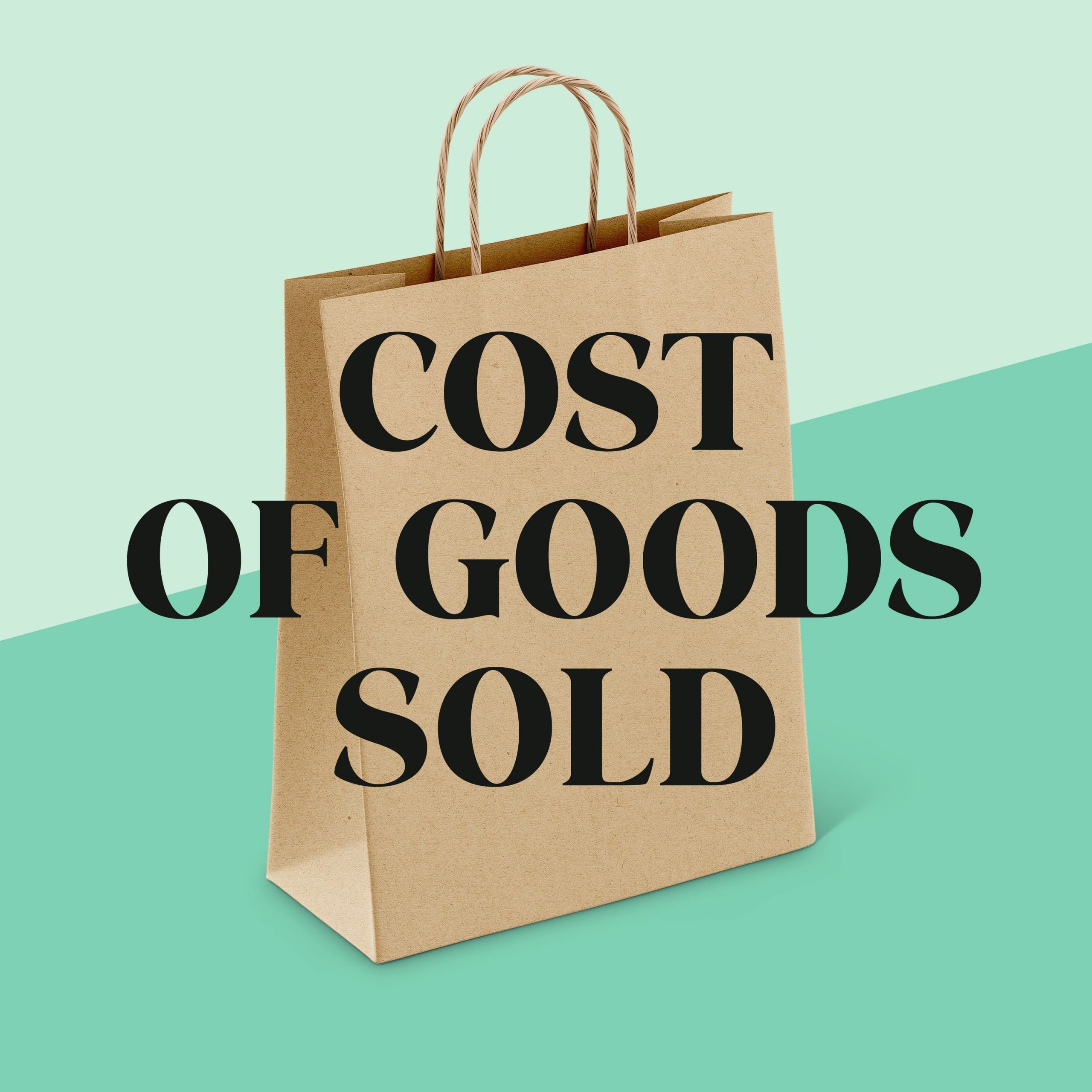 Light green background on top half and darker green at the bottom, brown paper shopping bag and black text that reads Cost of Goods Sold