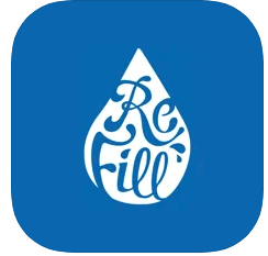 Blue background, white water droplet and text that reads refill inside the droplet