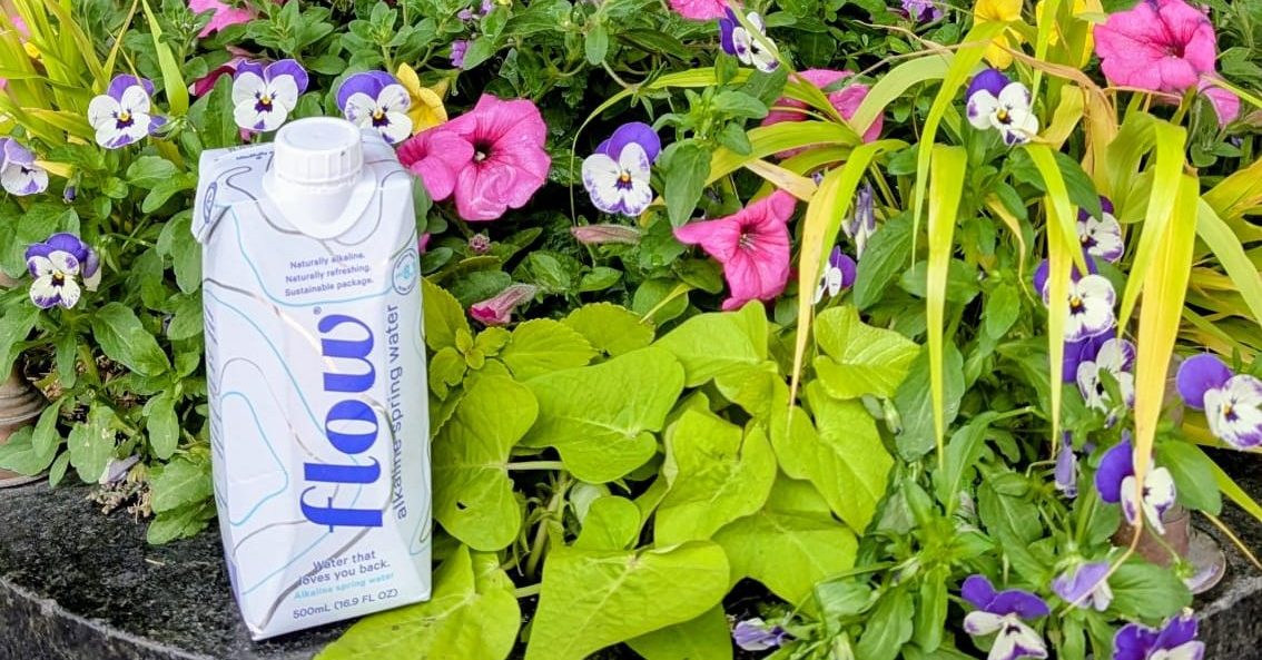 Flow water bottle in front of pink flowers